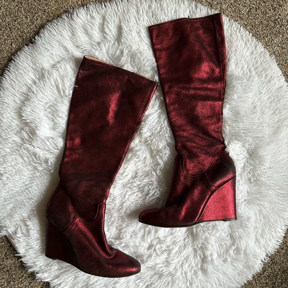 Nanette Lepore Sparkly Knee High Boots Wedge Red Womens Size 9 B FLAWED